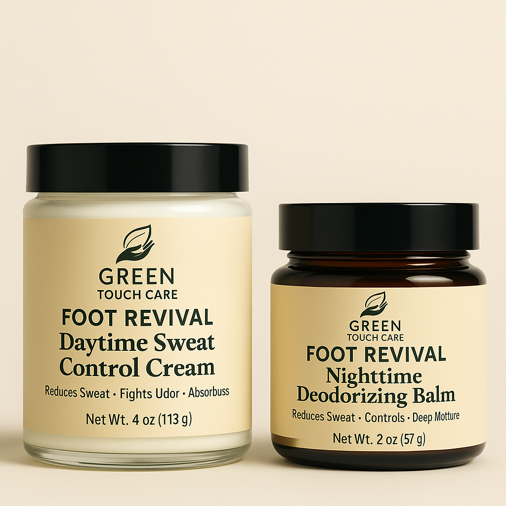 Revival On-the-Go Kit
Includes:
• 1 Soaking Powder Pouch (1 oz)
• 1 Daytime Sweat Control Cream (2 oz)
• 1 Nighttime Deodorizing Balm (1 oz)
