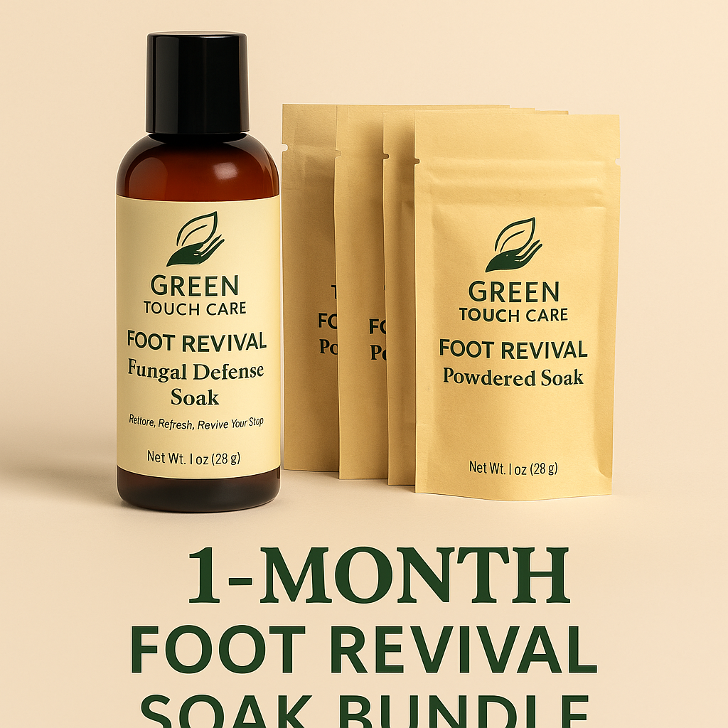1-Month Foot Revival Soak Bundle
Includes:
• 1 Foot Revival Liquid Soak (8 oz) – ~8 soaks
• 4 Foot Revival Powder Soak Pouches (1 oz each) – 1 per week