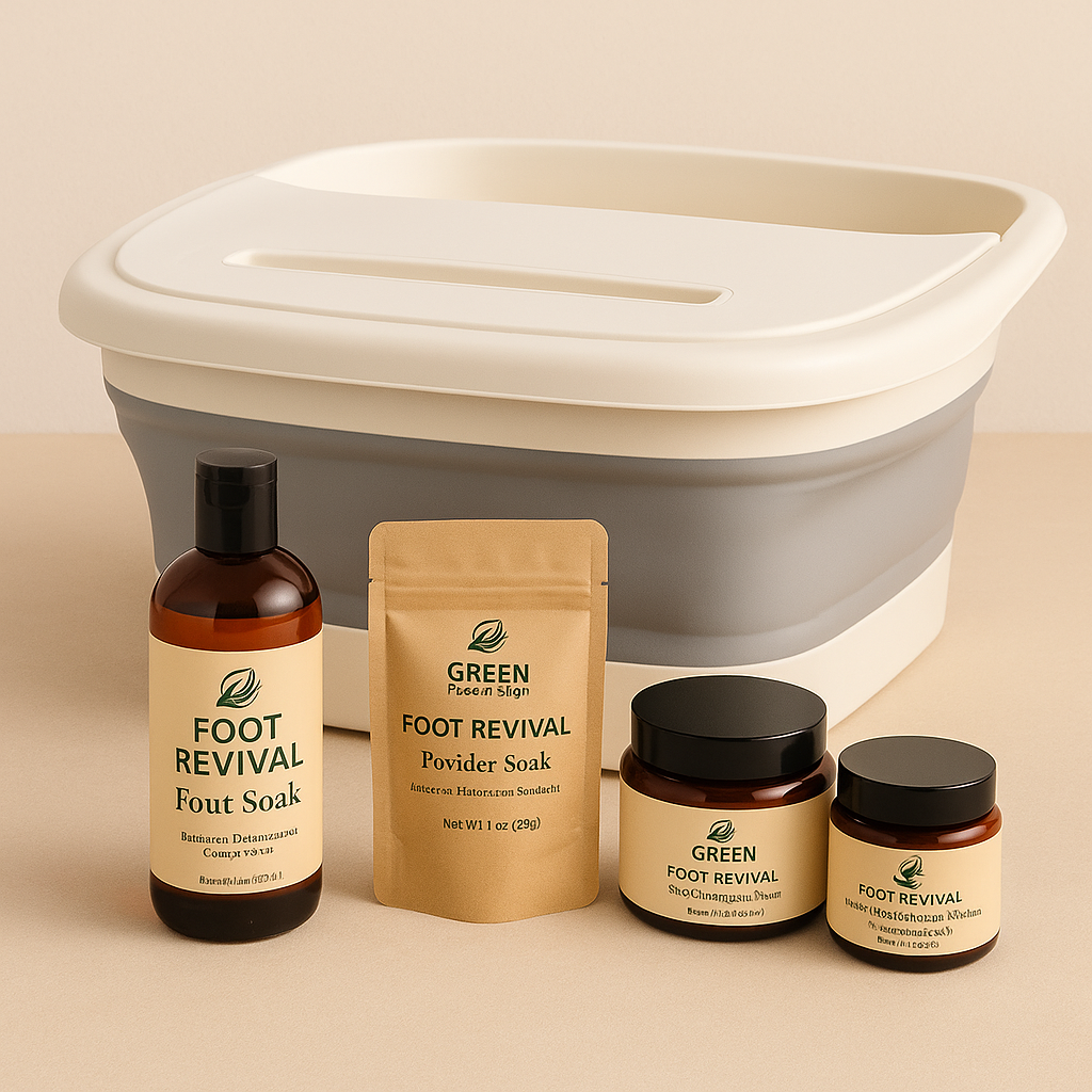 The Complete Foot Revival Set
Includes:
• 1 Foot Revival Liquid Soak (8 oz)
• 4 Foot Revival Powder Soak Pouch (1 oz)
• 1 Daytime Sweat Control Cream (4 oz)
• 1 Nighttime Deodorizing Balm (2 oz)
• 1 Foldable Foot Soak Basin (collapsible & BPA-fre