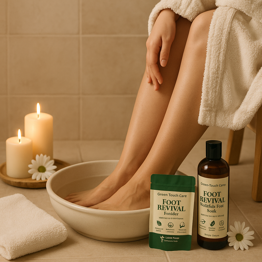 1-Month Foot Revival Soak Bundle
Includes:
	•	1 Foot Revival Liquid Soak (8 oz) – ~8 soaks
	•	4 Foot Revival Powder Soak Pouches (1 oz each) – 1 per week