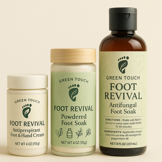 Total Foot Revival Set
Includes:
	•	1 Foot Soaking Solution (8 oz)
	•	1 Daytime Sweat Control Cream (4 oz)
	•	1 Nighttime Deodorizing Balm (2 oz)