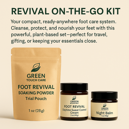 Revival On-the-Go Kit
Includes:
	•	1 Soaking Powder Pouch (1 oz)
	•	1 Daytime Sweat Control Cream (2 oz)
	•	1 Nighttime Deodorizing Balm (1 oz)