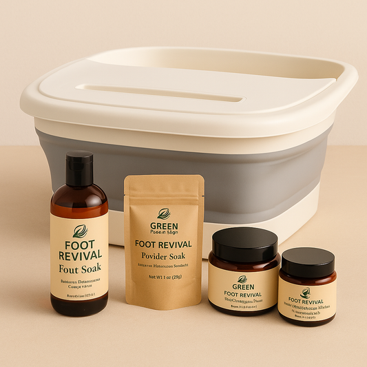 The Complete Foot Revival Set
Includes:
	•	1 Foot Revival Liquid Soak (8 oz)
	•	4 Foot Revival Powder Soak Pouch (1 oz)
	•	1 Daytime Sweat Control Cream (4 oz)
	•	1 Nighttime Deodorizing Balm (2 oz)
	•	1 Foldable Foot Soak Basin (collapsible & BPA-fre